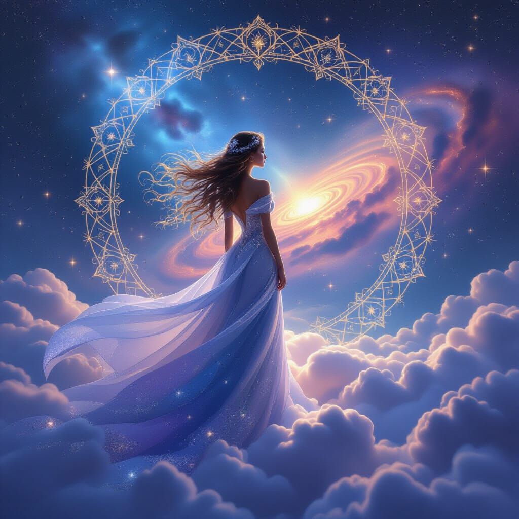 Celestial Maiden Gazing at Distant Galaxy in Digital Paintin...
