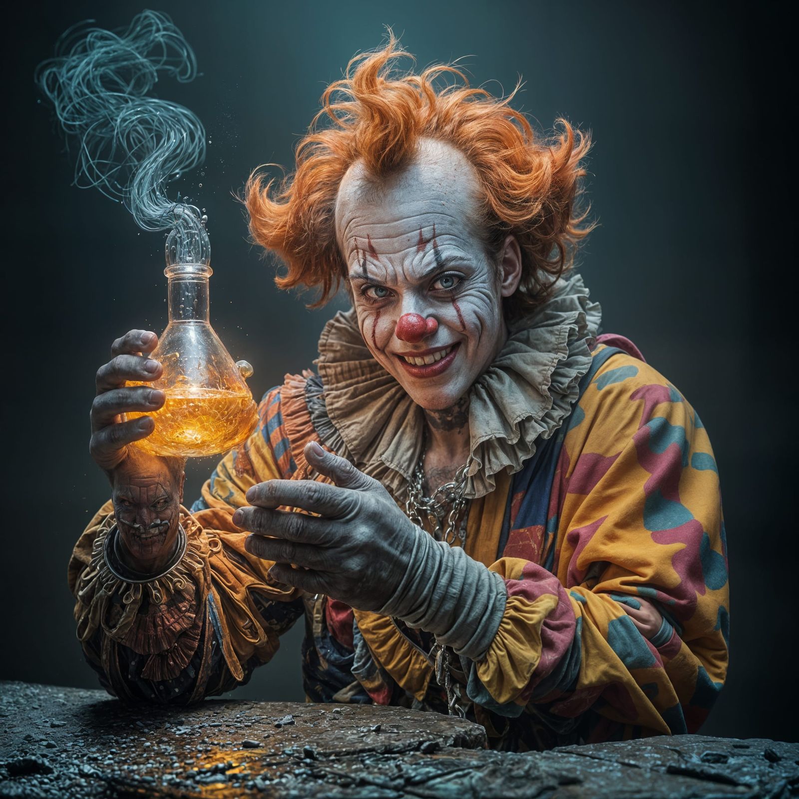 Worn Clown with Glowing Acid, Photorealistic Digital Art