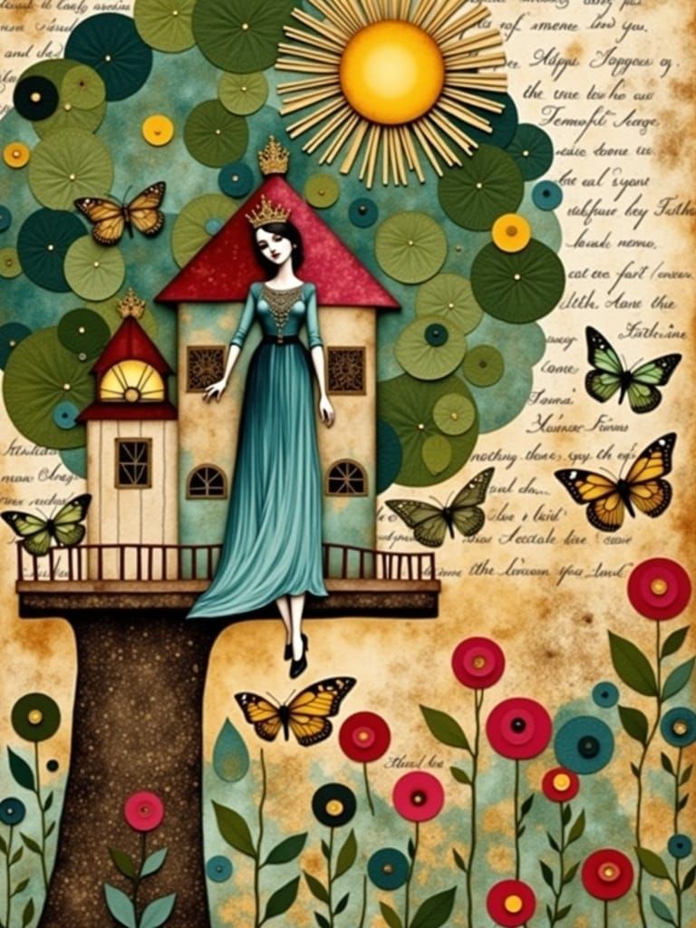 Enchanting Princess in Layered Collage Treehouse