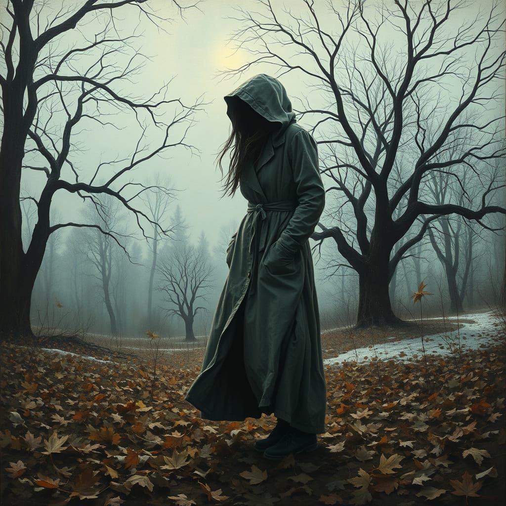 Woman in Long Coat Amidst Whirlwind of Leaves, Etched Trees,...
