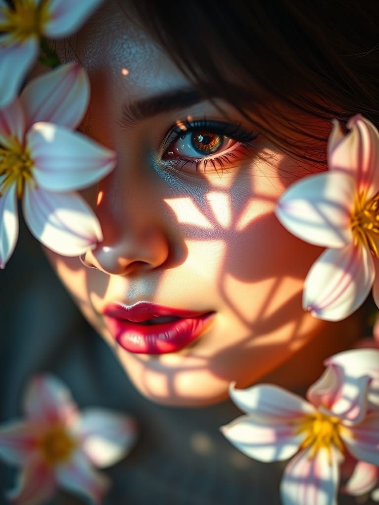 Radiant Portrait with Refracted Light and Floral Frame