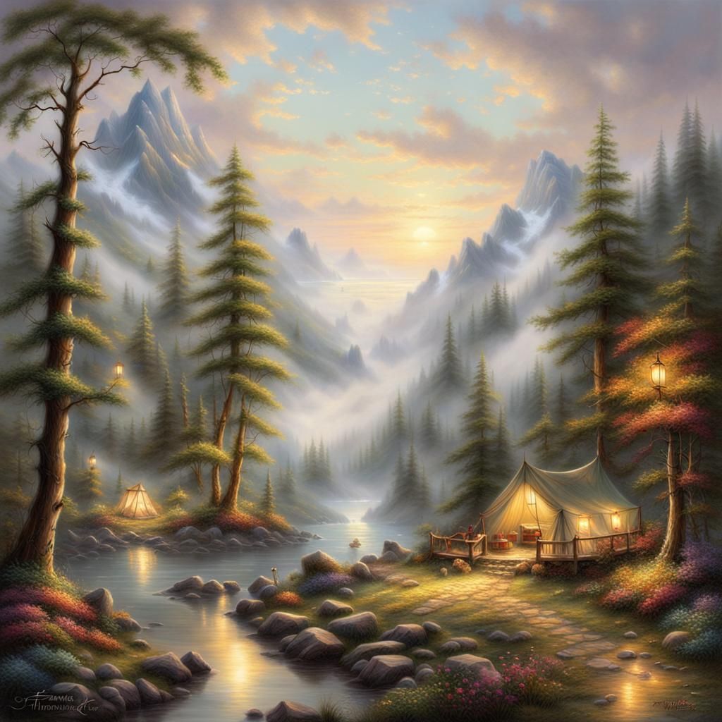 Ethereal Campsite: Tranquil Wilderness in Kinkade Style