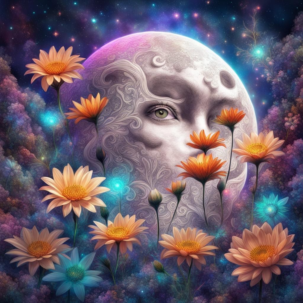 Flowers on the Moon: Cosmic Astral Illustration