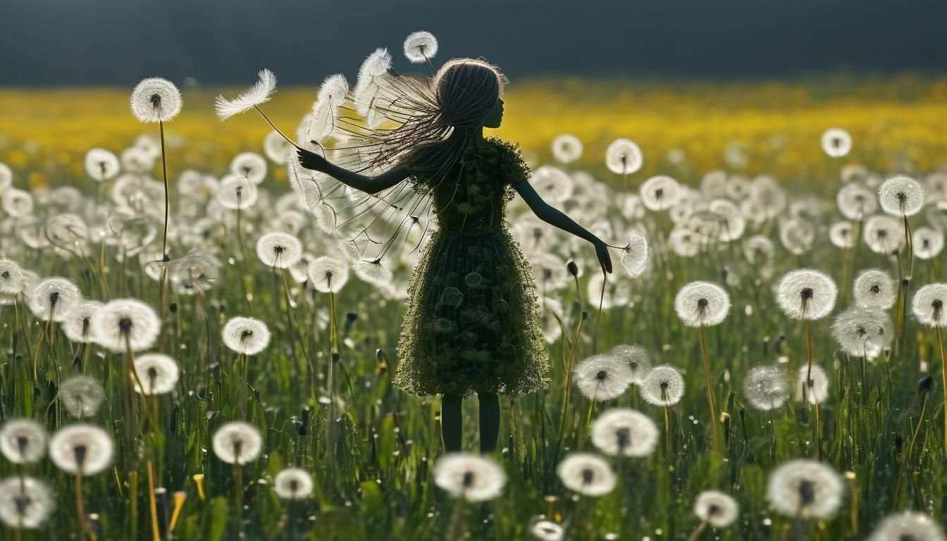 Dandelion Woman Figure with Blowing Strands