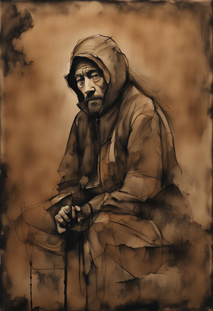 Minimalist Ink Drawing with Sepia Watercolor Wash