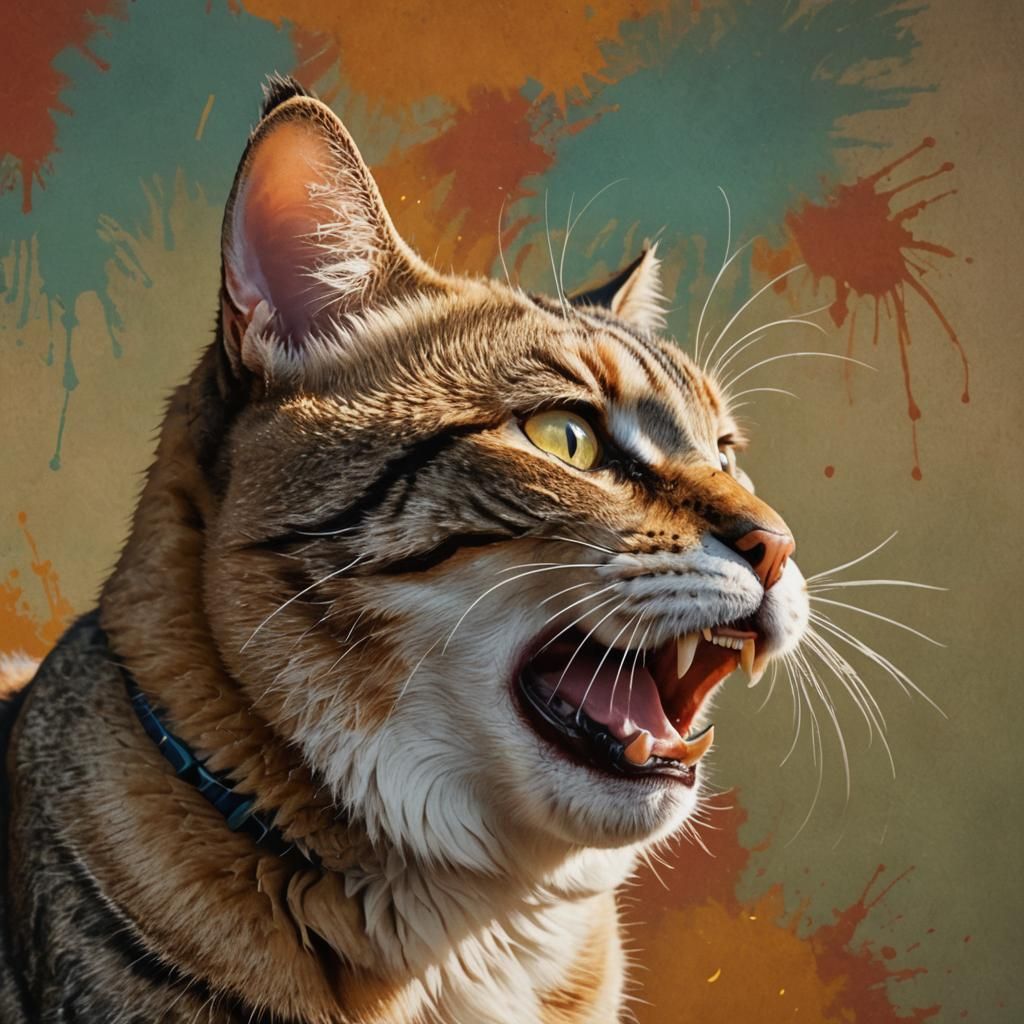 Hyperrealistic Man Yelling at Cat Licking Fur