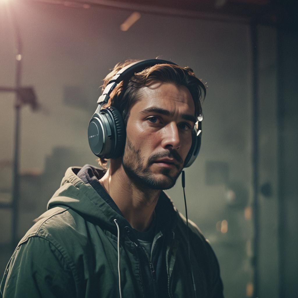 Cinematic Man Listens to Music on Headphones