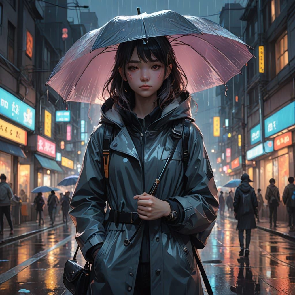 Vibrant Guweiz-Style Anime Portrait of a Woman with Umbrella...