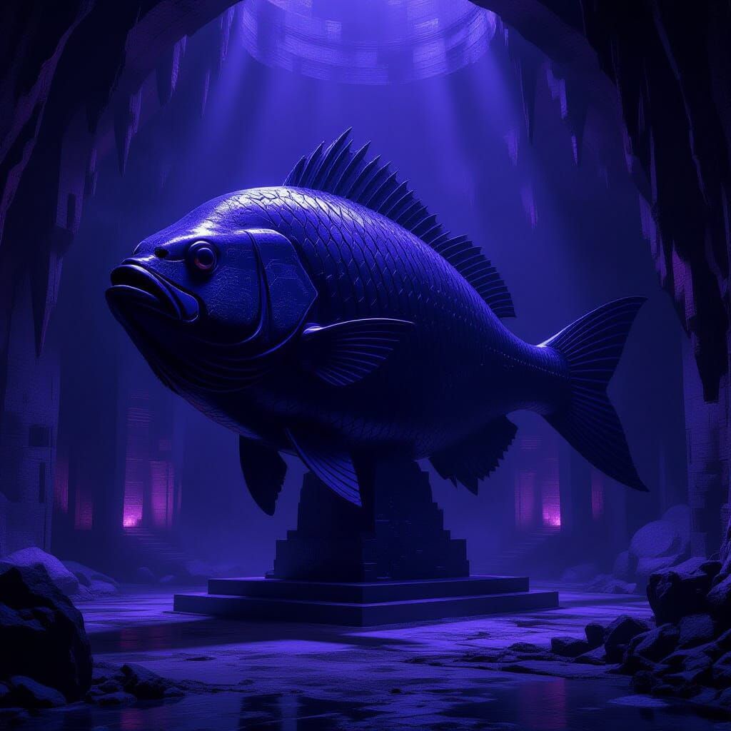 Brutalist Obsidian Fish Sculpture in Dark Fantasy Style