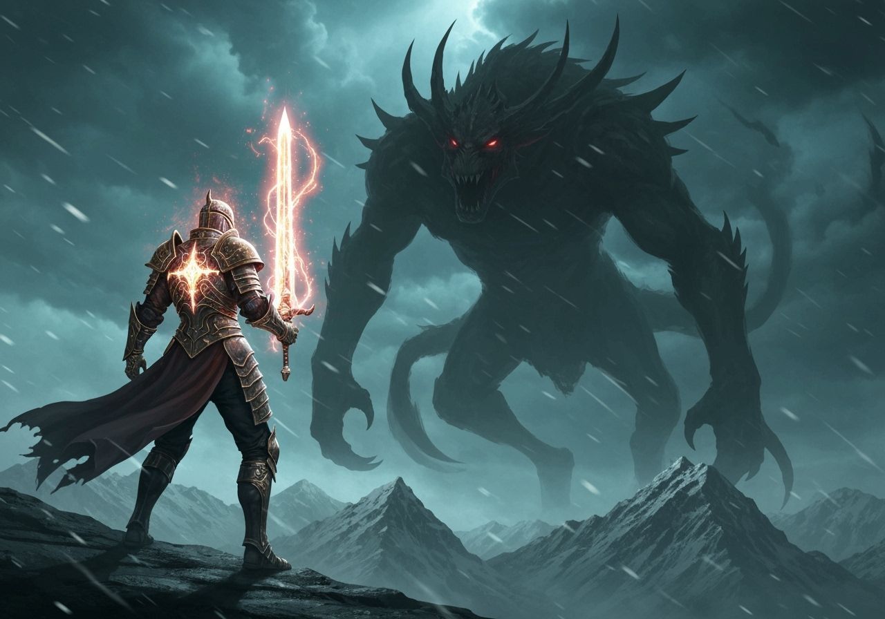 Knight Battles Shadow Beast on Mountain Peak