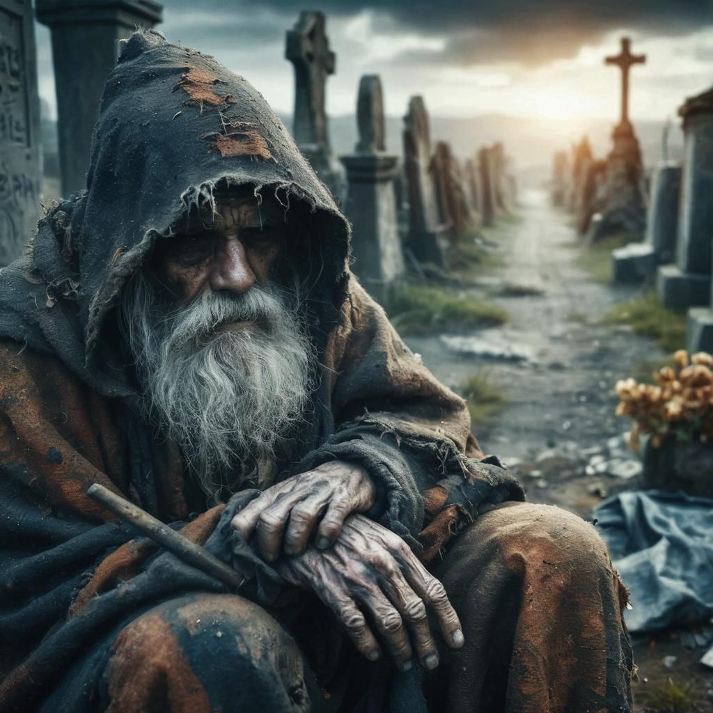 realistic old beggar in dearth landscape with tattered and w...