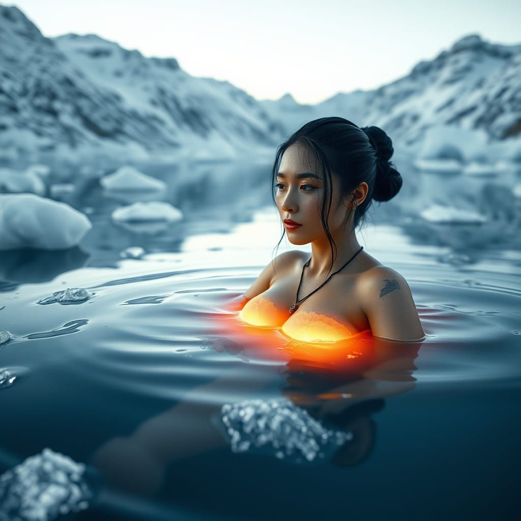 Ethereal Mongolian Woman Submerged in Frozen Serenity