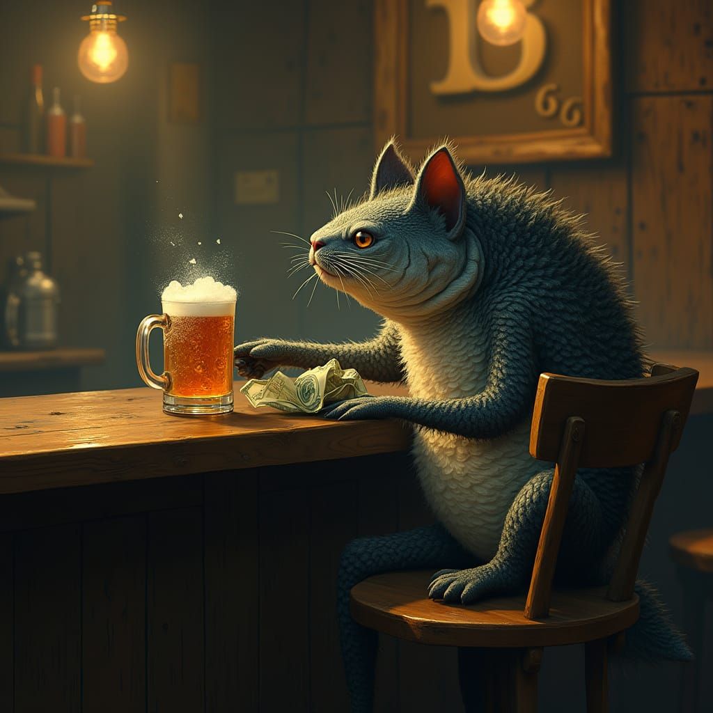 Futuristic Catfish Orders Beer in Rustic Tavern