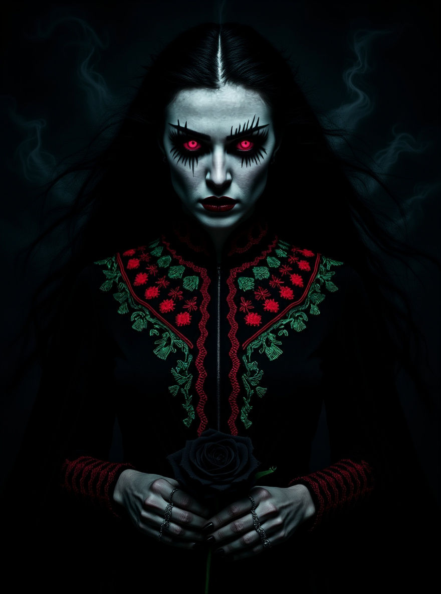 Gothic Palestinian Portrait with Rich Embroidery