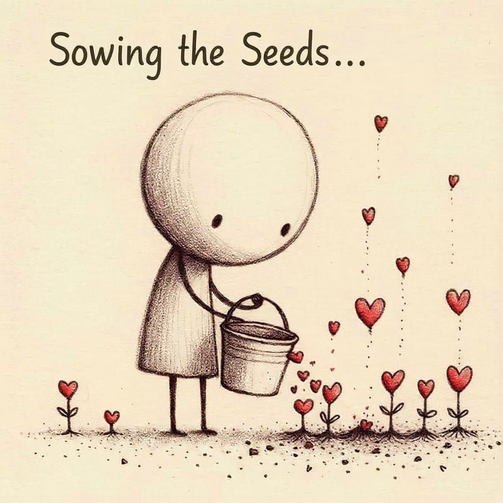 Stick Figure Scattering Heart Flowers as Seeds