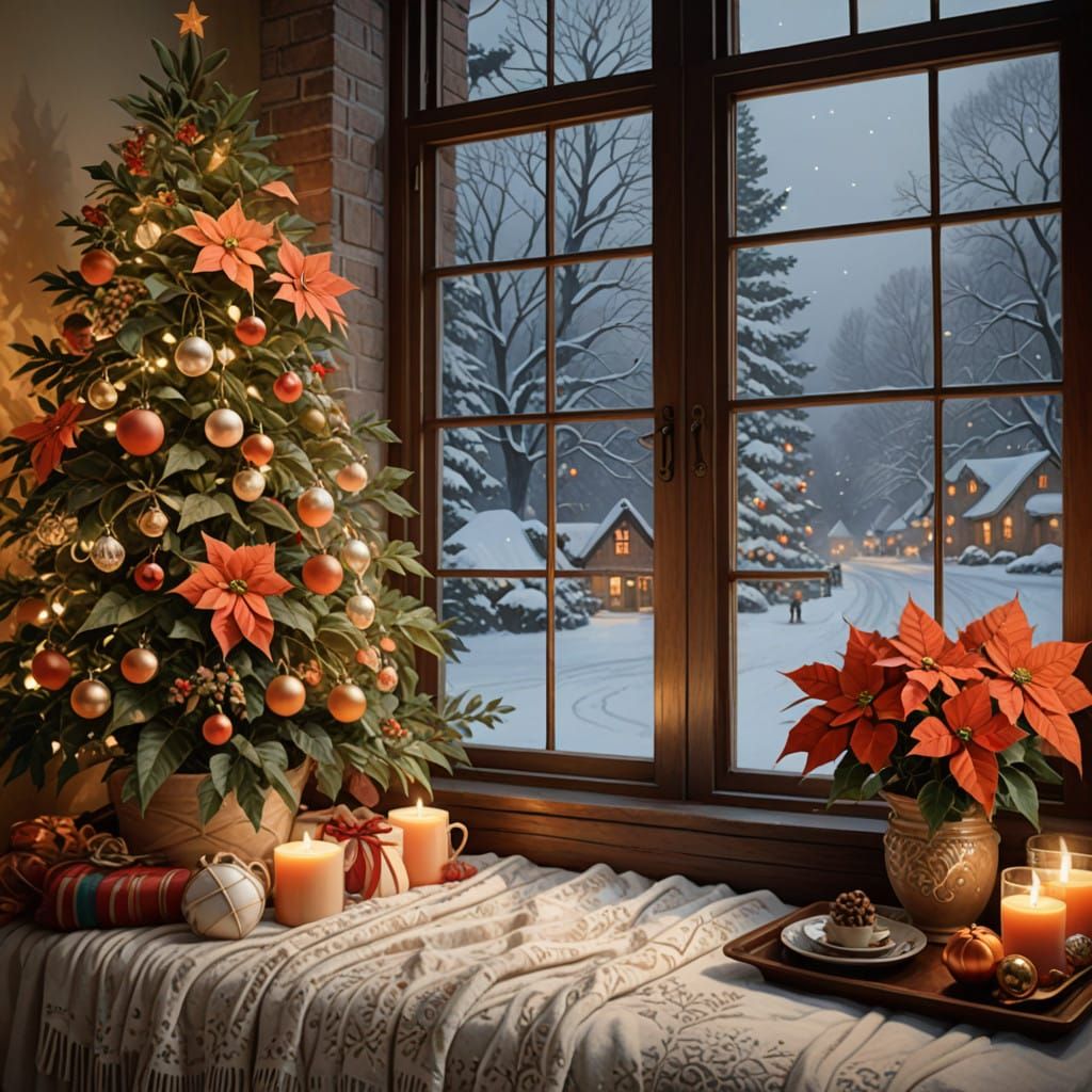 Serenely Lit Winter Scene with Poinsettia and Snowy Landscap...