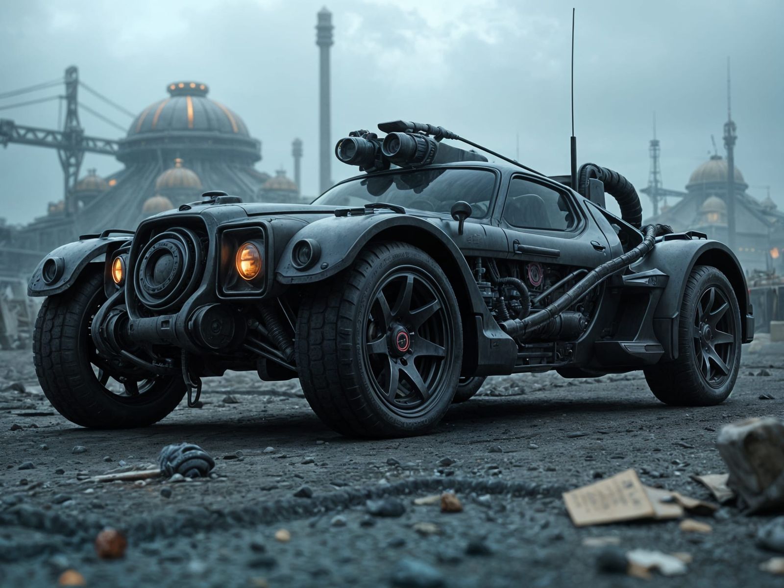 Biomechanical Car in Dystopian Landscape, 3D Render