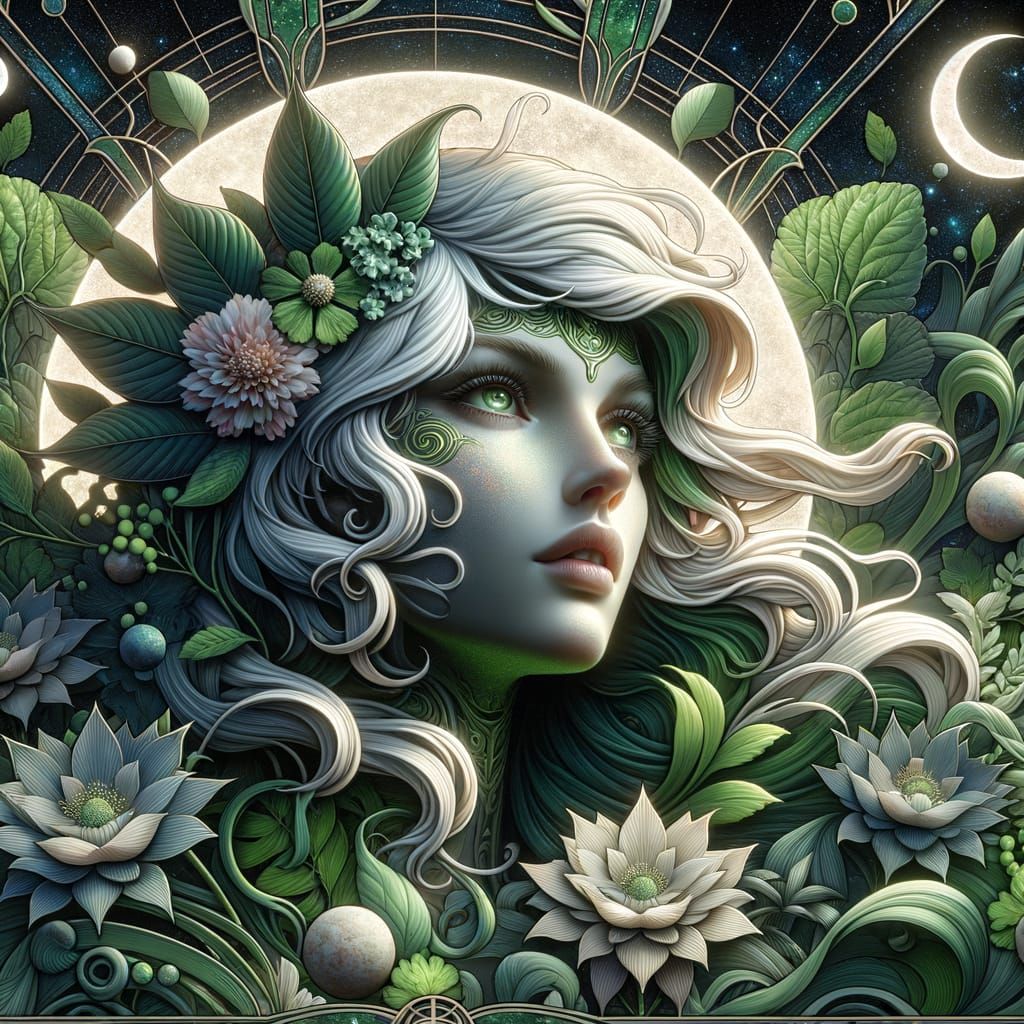 Art Nouveau Lunar Maiden in Cosmic Garden