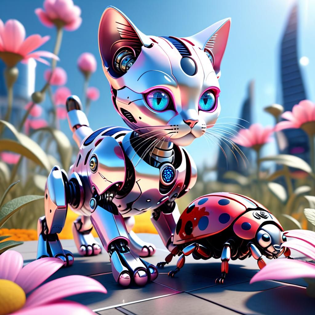 Futuristic Bionic Kitten and Solar Flowers, Sci-Fi Art