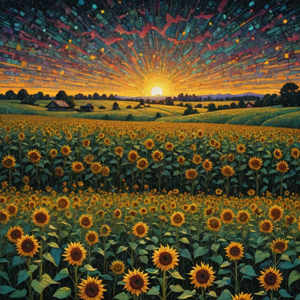 Sunflower Field at Dawn in Holographic Pixelscape Style
