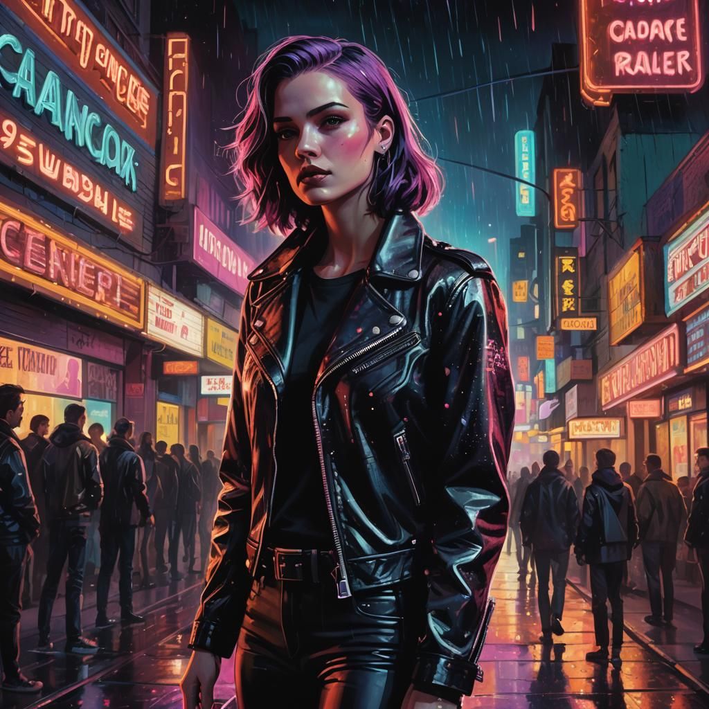 Neon Cityscape in Cyberpunk Film Noir Style