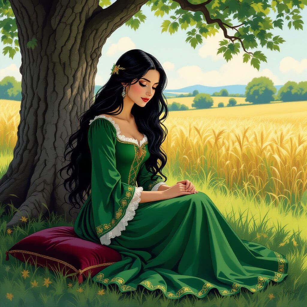 Medieval Woman Ennoblement in Alphonse Mucha Style