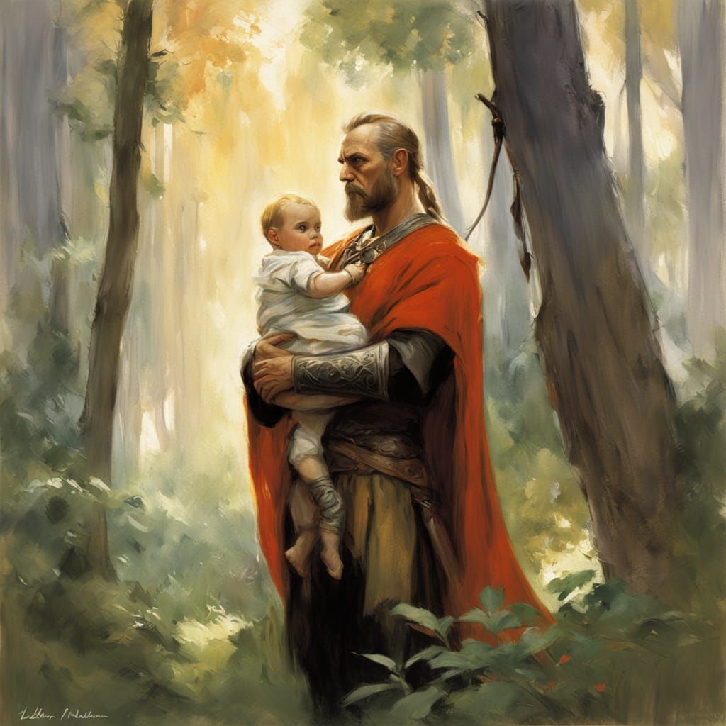 Viking Warrior in Whimsical Forest Glade, Oil Painting