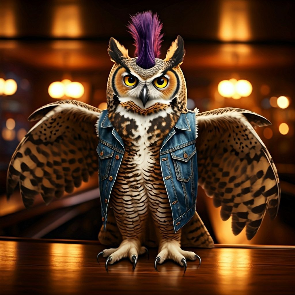 Owl in Hyena Costume Perched on Bar