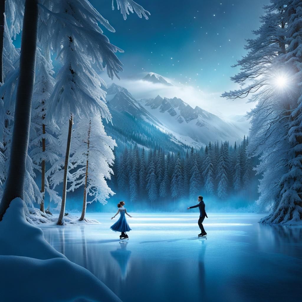 ice skating, blue dress, figure skating, frozen lake in the ...
