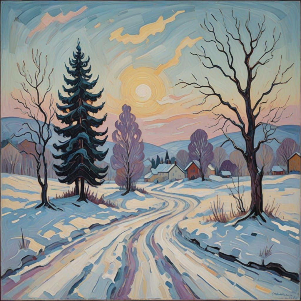 Serene Winter Landscape with Vibrant Blues and Purples