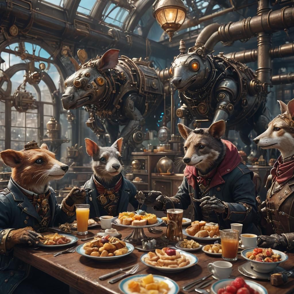 Steampunk Animals Enjoying a Futuristic Breakfast