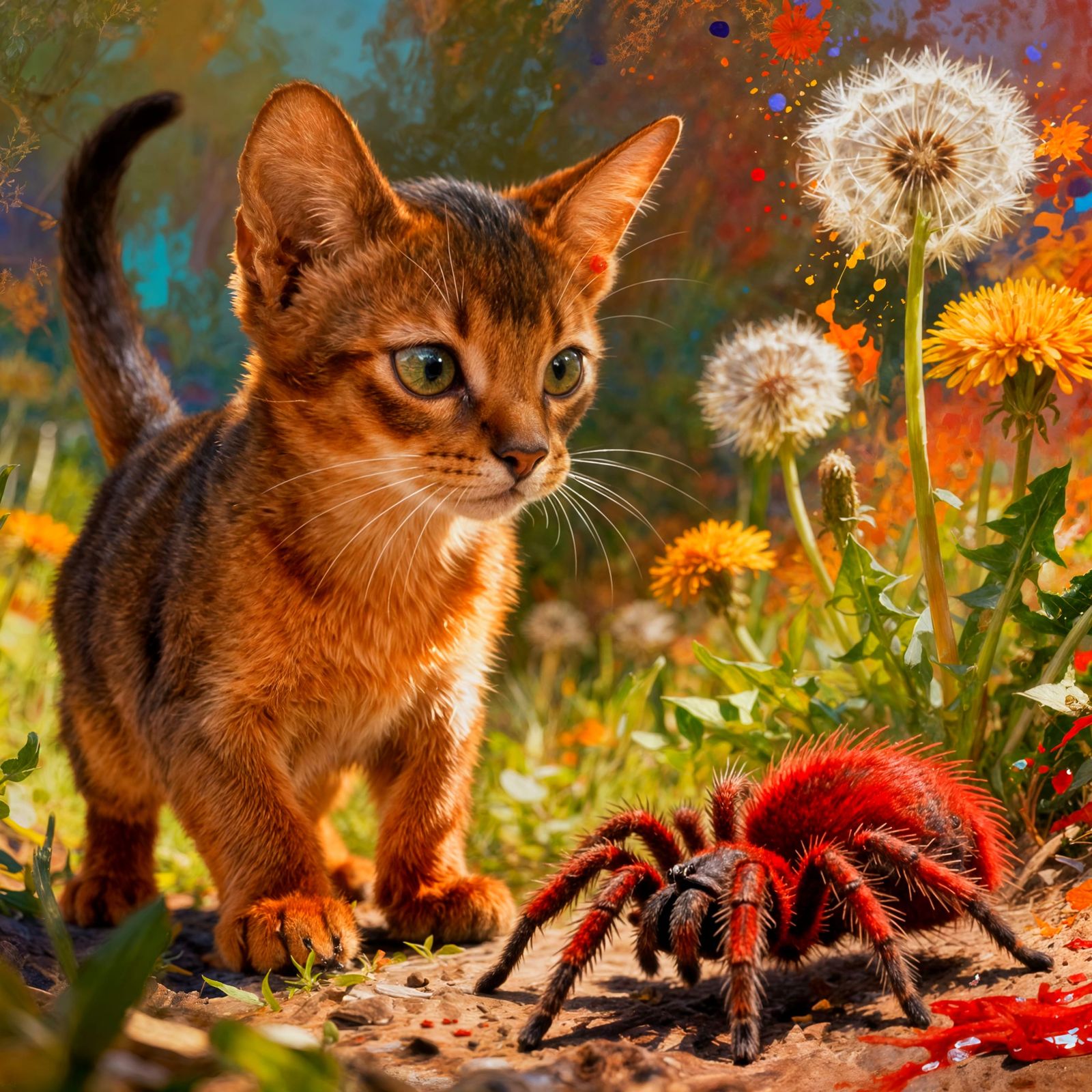 Abyssinian Kitten Curious About Tarantula