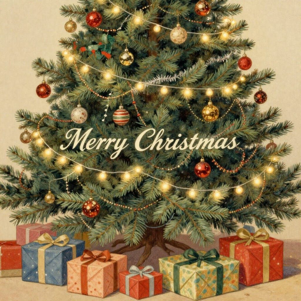 Vintage Christmas Tree Illustration with Gifts and Lights