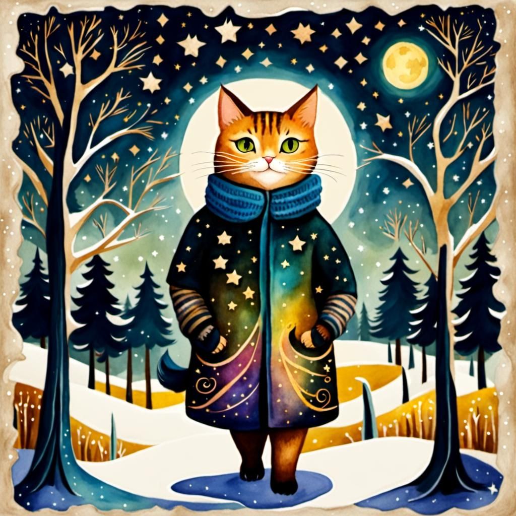 Watercolor Anthropomorphic Cat on Winter Path