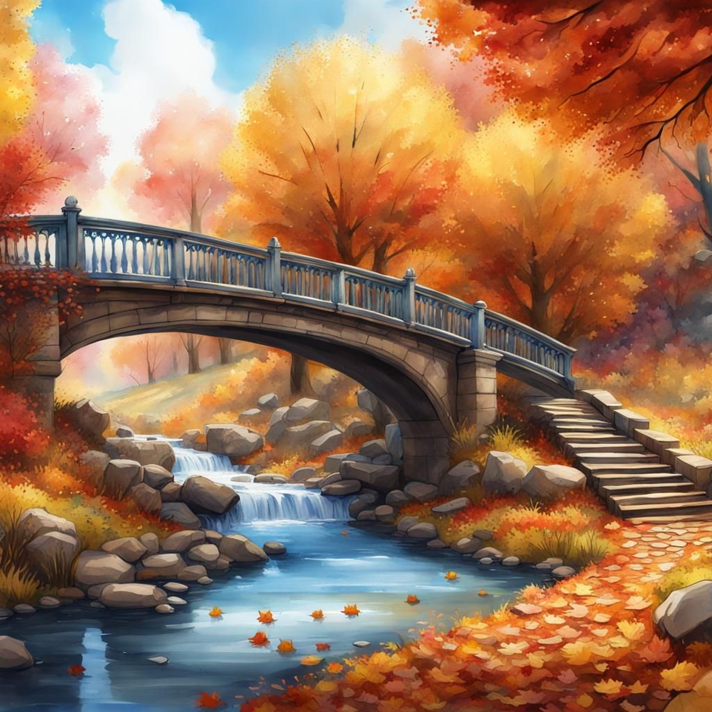 Watercolor Bridge Scene with Autumn Colors