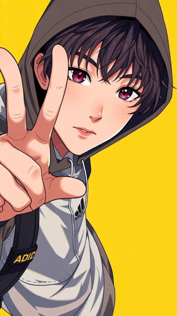 Anime Man in Adidas Fashion on Yellow Background