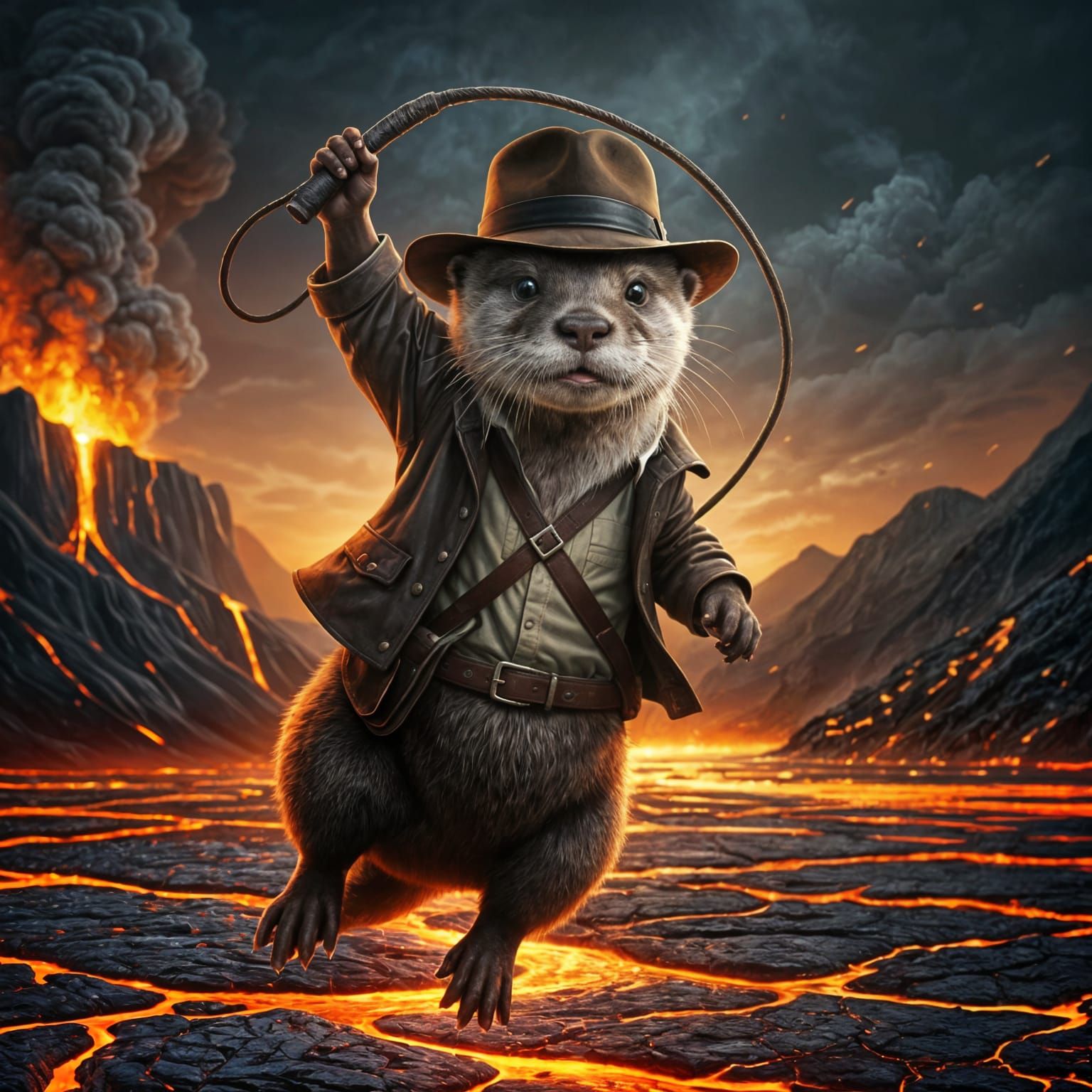 Baby Otter as Indiana Jones Over Lava River