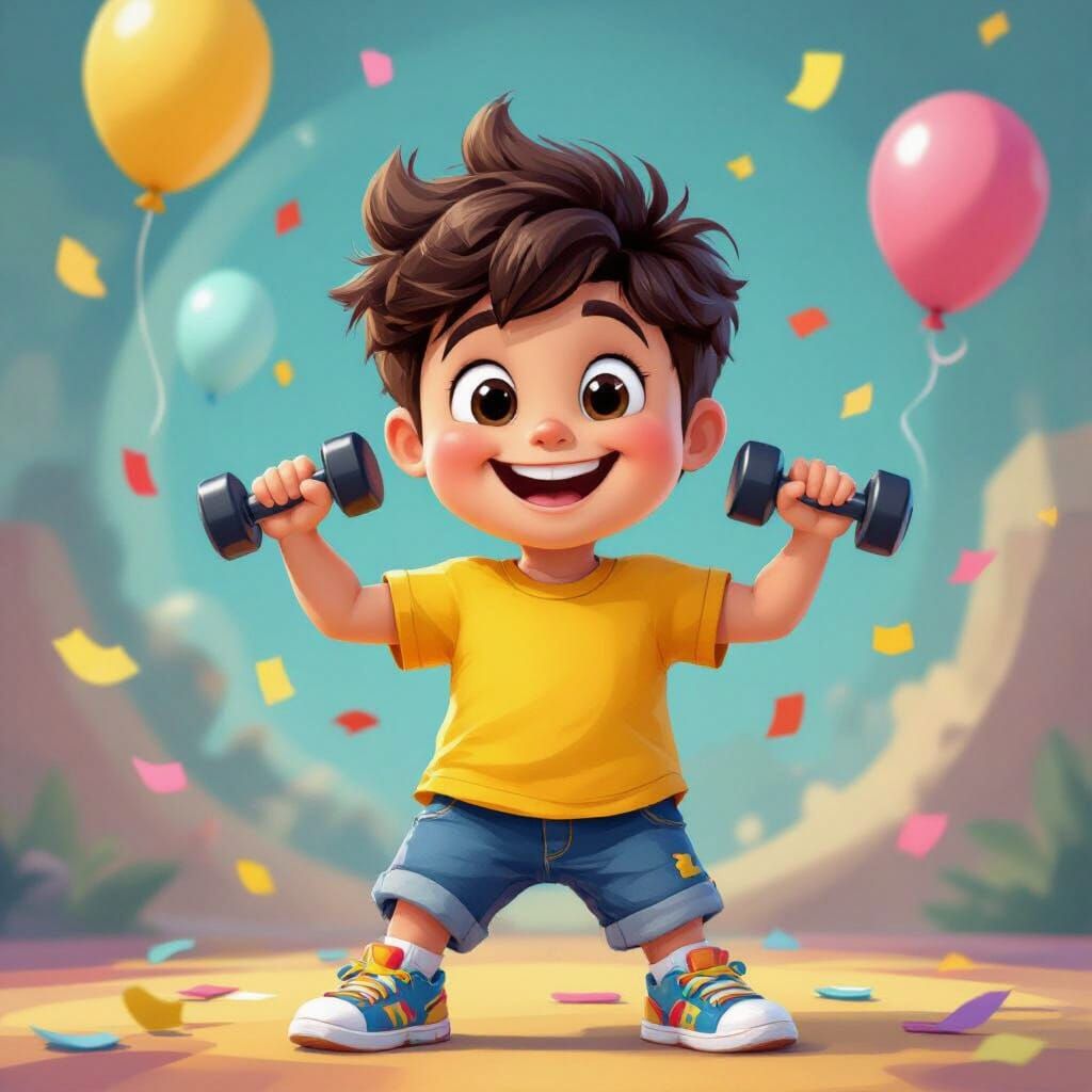 Smiling Child Flexing Muscles: 3D Cartoon Flashcard
