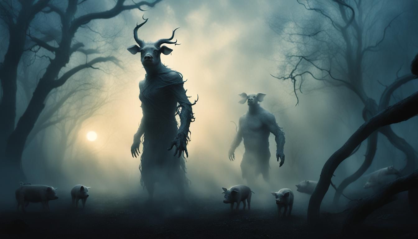 Eerie Humanoid and Pigs Emerge from Fog