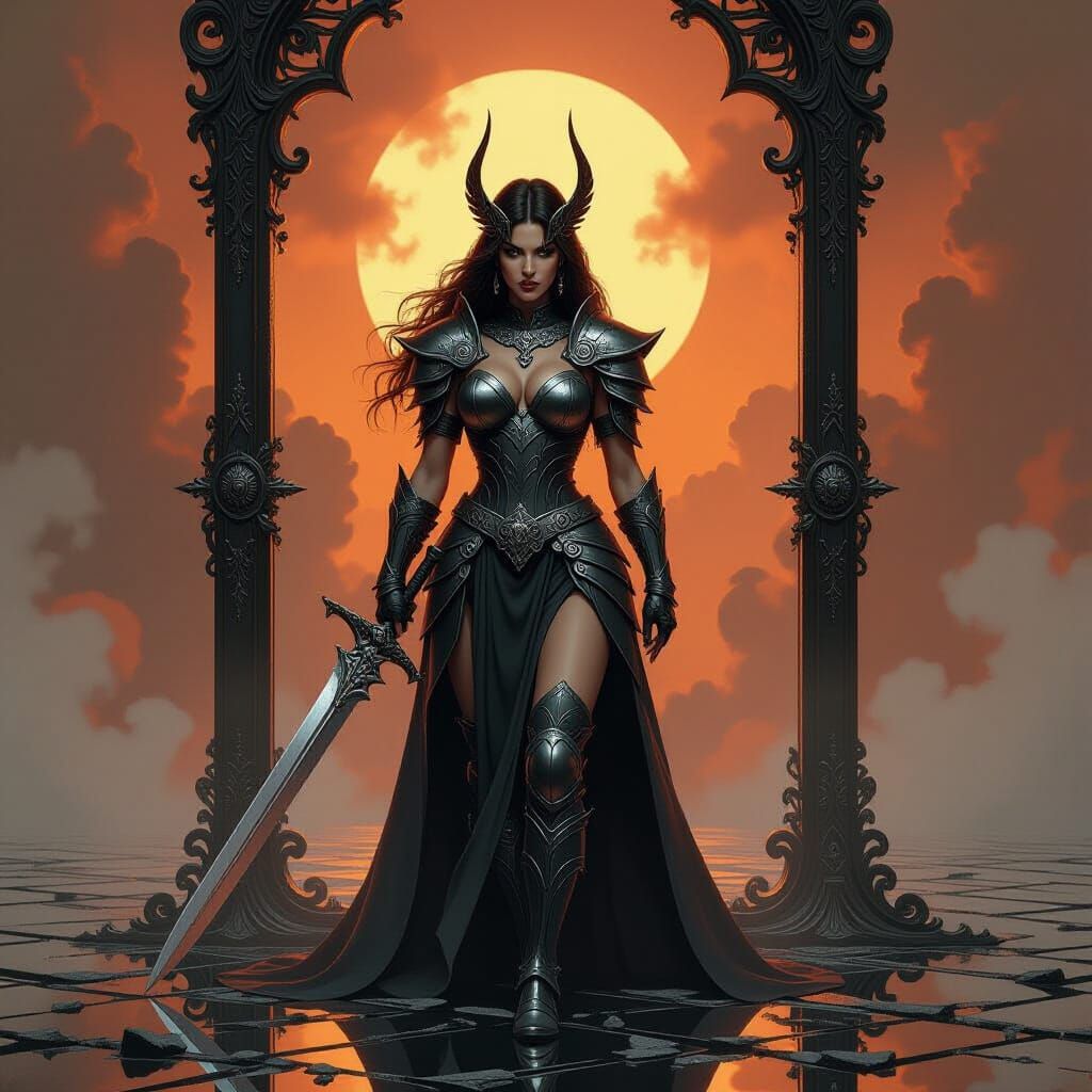 Valkyrie Warrior in Shattered Mirror, Dark Fantasy Art