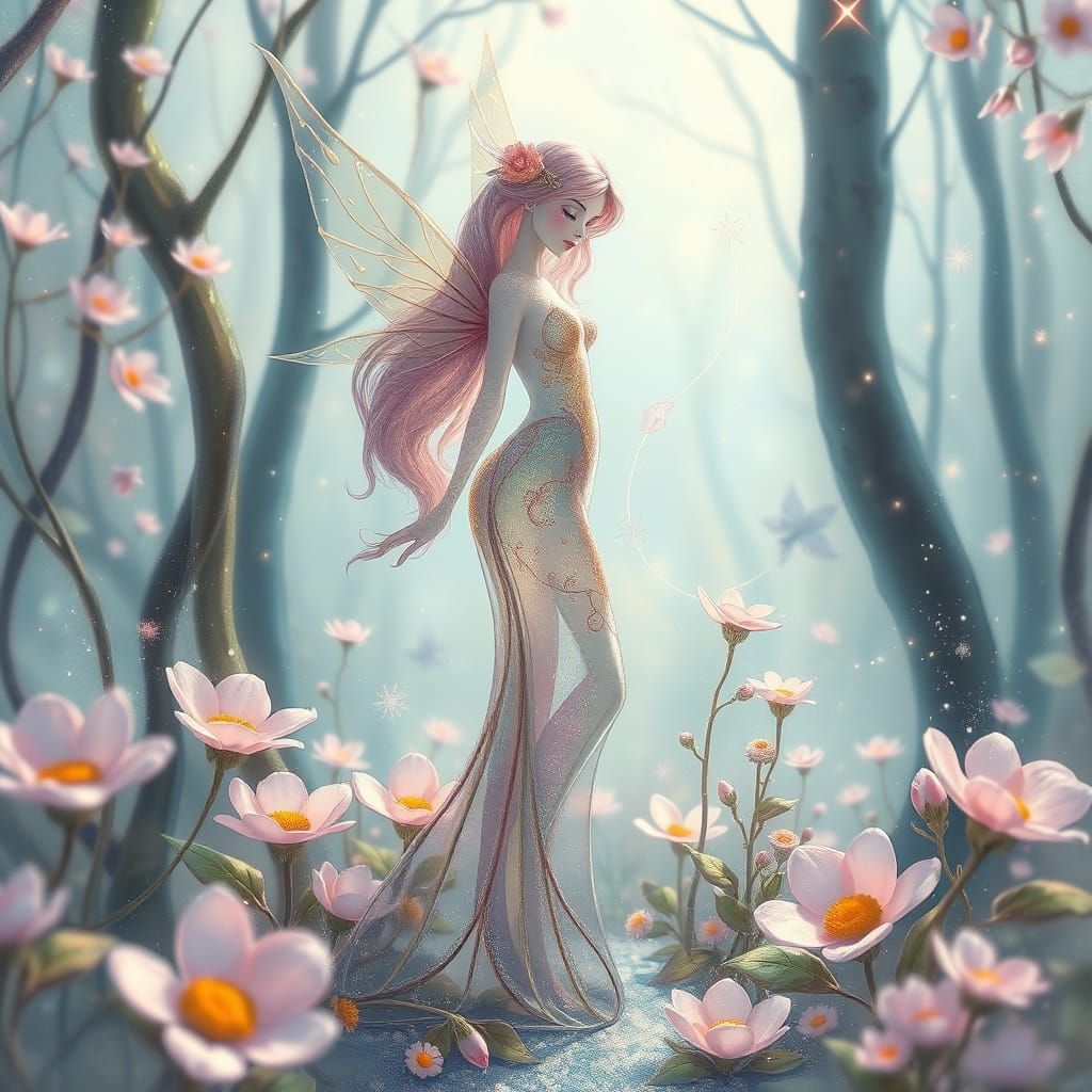 Ethereal Glass Dryad in Mystical Forest, Surreal Illustratio...