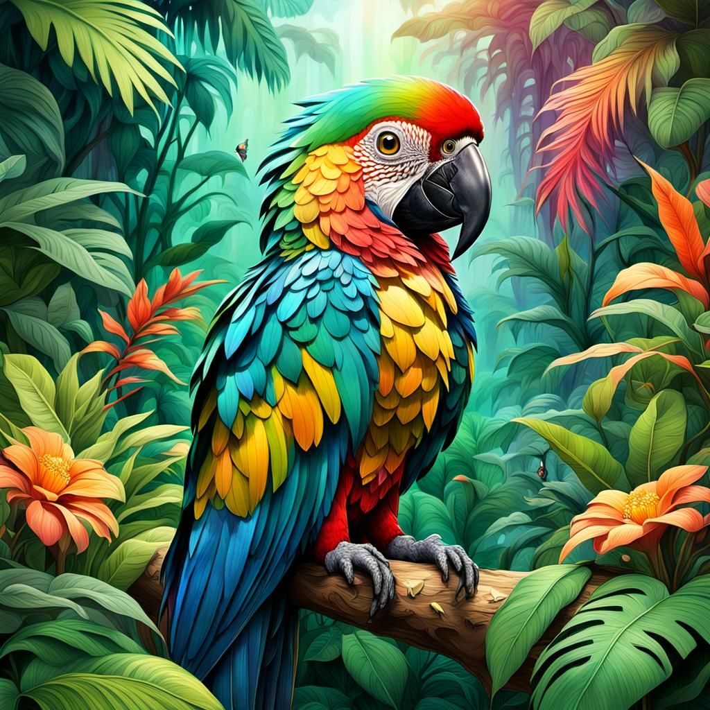 Dreamy Chibi Macaw in Jungle, Surreal Digital Art