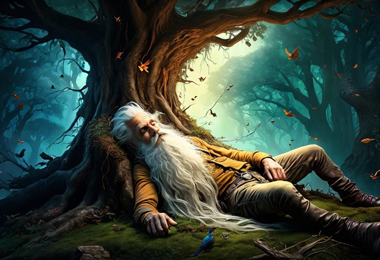 Rip Van Winkle's Fairy Tree Nap: A Digital Painting