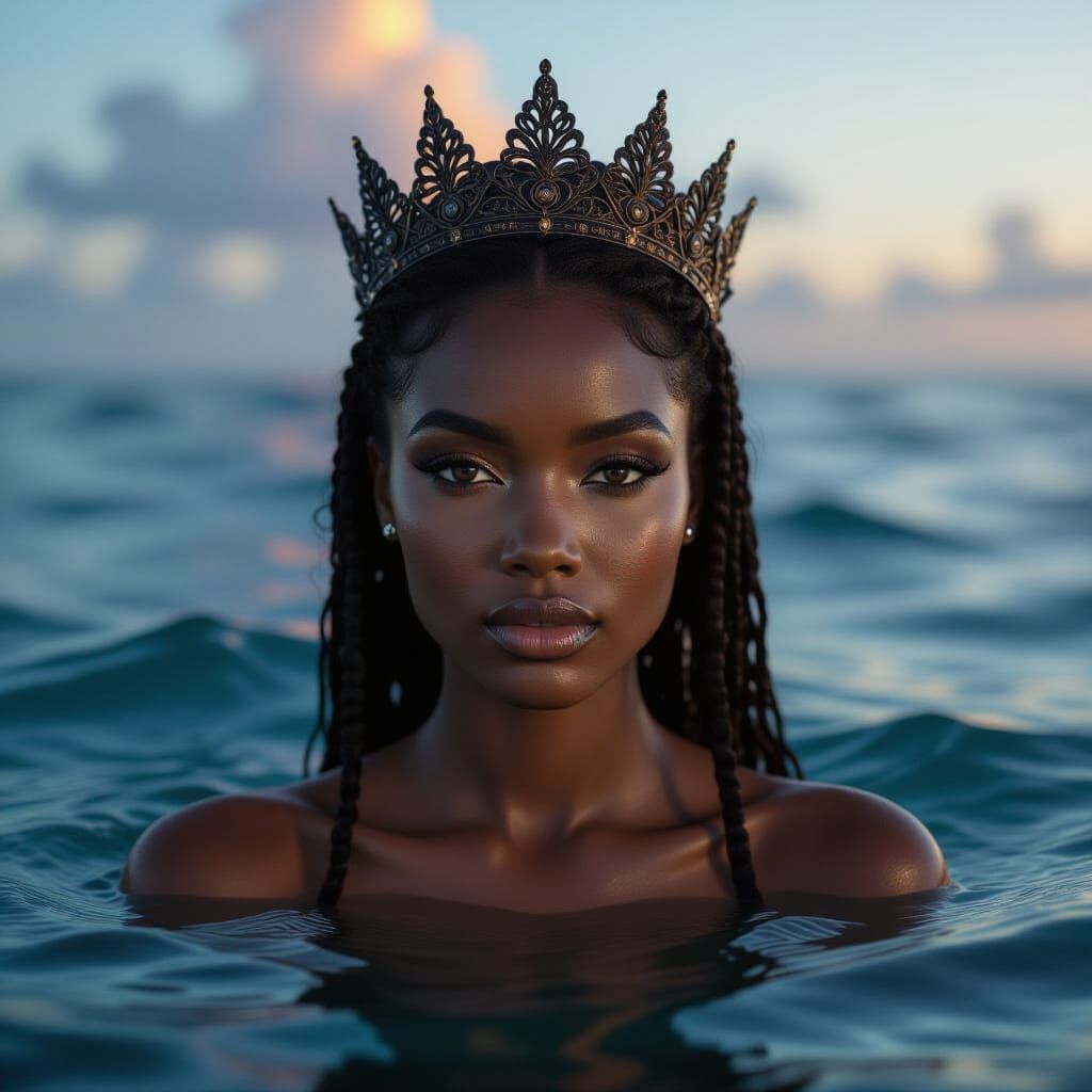 Gothic African Mermaid Portrait in Twilight Ocean