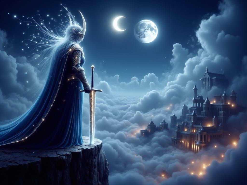 Knight on Cliff Overlooking Mystical Valley Under Twin Moons