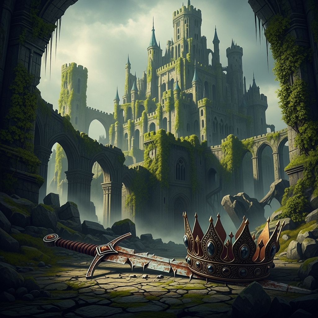 Majestic Vine-Covered Castle Ruins with Broken Sword