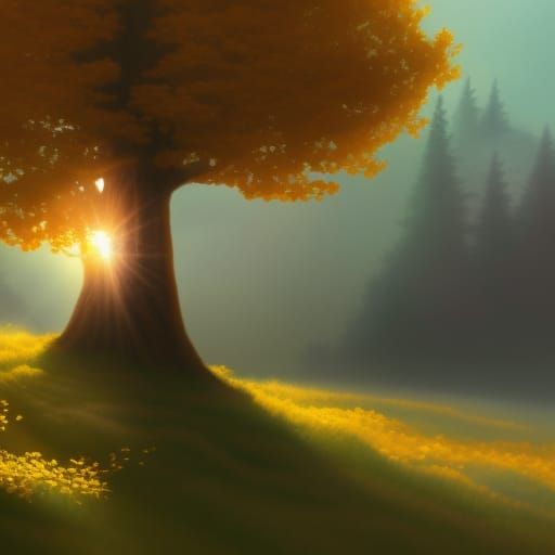 Golden Tree on Lonely Hill in Dreamy Sunlight