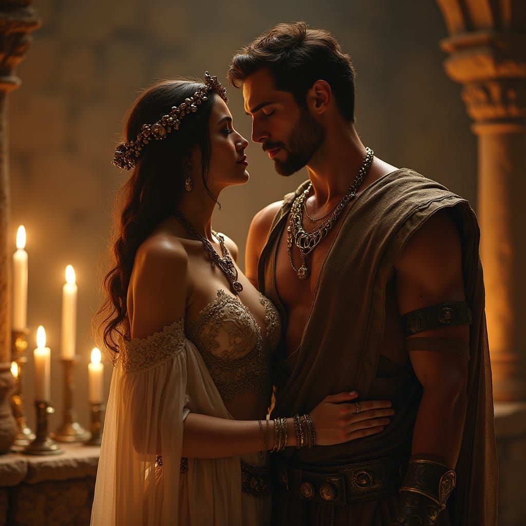 Ethereal Gorean Couple in Golden-Lit Ancient Chamber