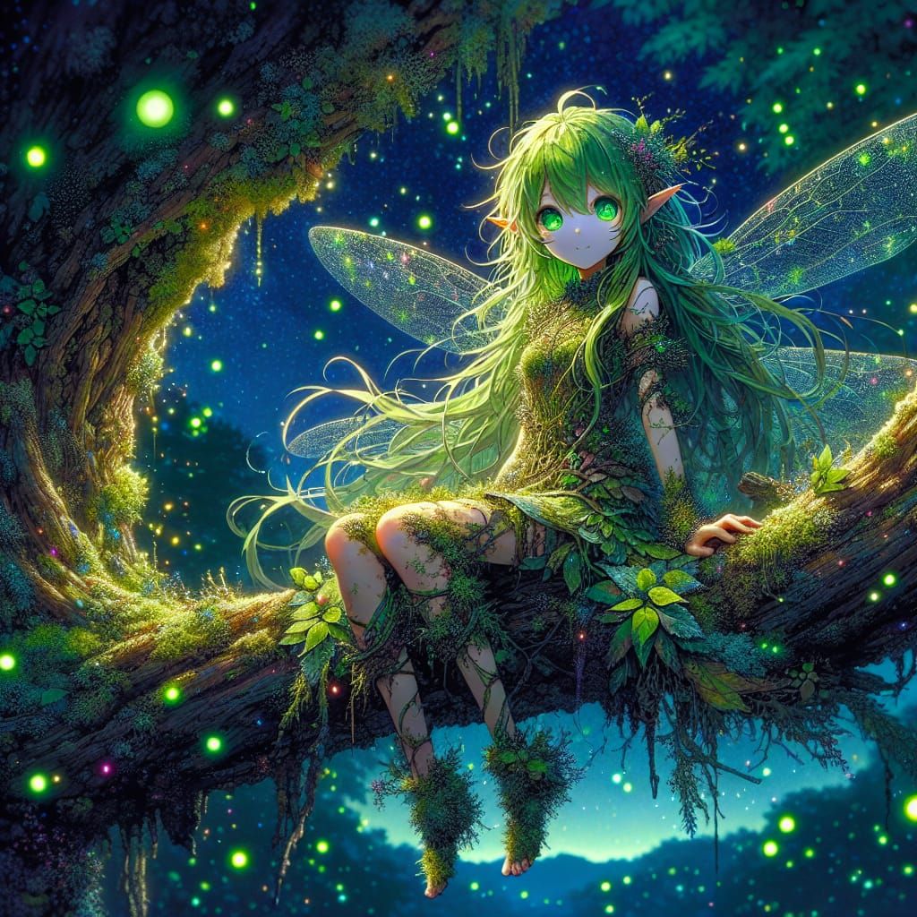 Lichen Anime Fairy in Dreamy Nightscape
