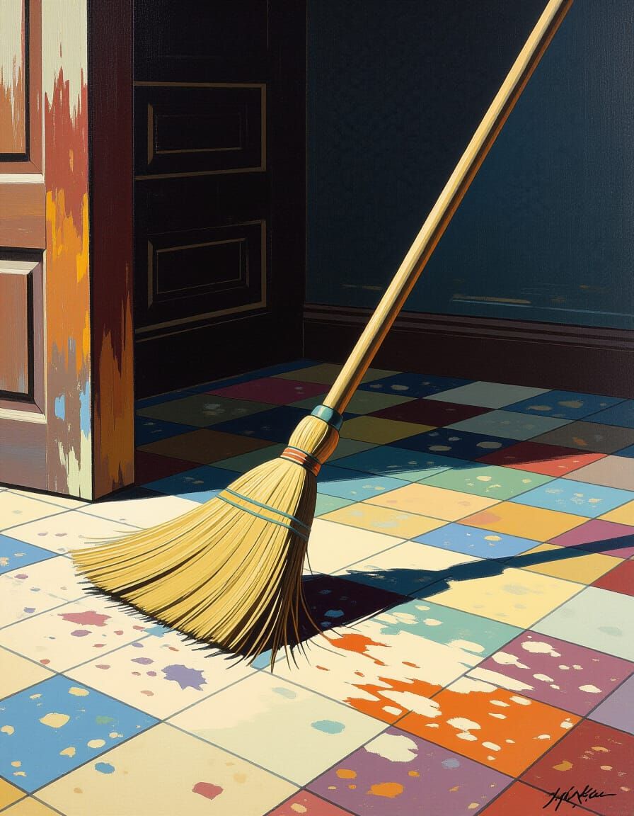 Enchanted Broom Sweeps Floor Automatically in Abstract Style